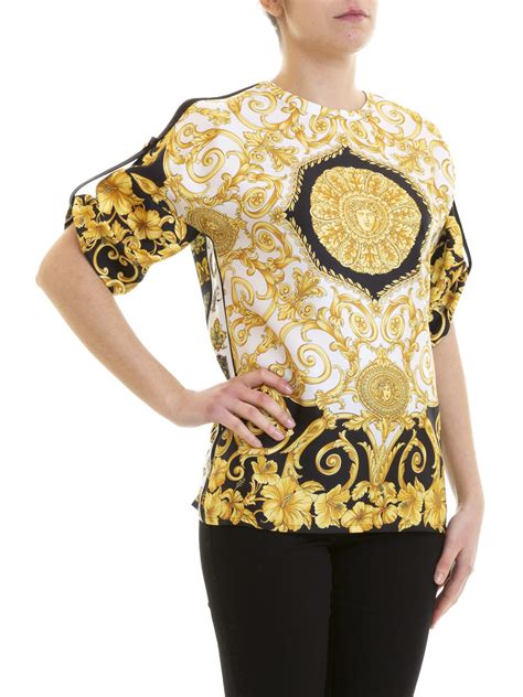 silk women versace blue and gold button up|Versace blouses for women.